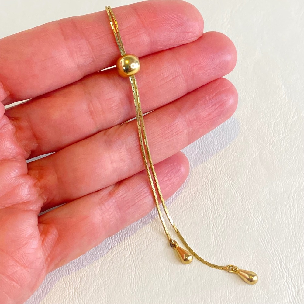 Vintage Gold Tone Slide Lariat Necklace Adjustable Dainty Snake Chain Teardrop - Picture 3 of 8